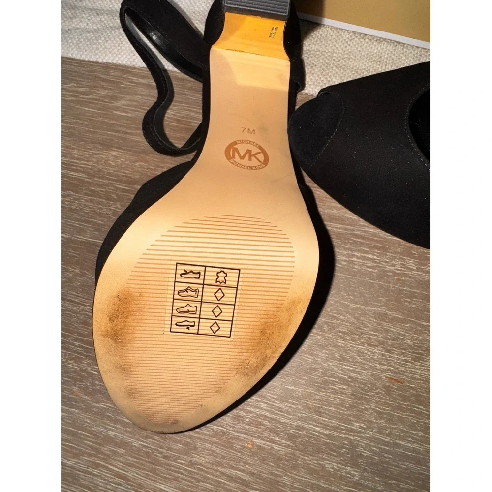 Michael Kors Claire Black Suede Peep Toe Platform Gold‎ Heel Sandals 7M